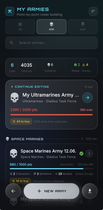 HobbyArmory army builder list with points and ownership check