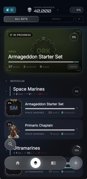 HobbyArmory collection screen listing owned Warhammer sets