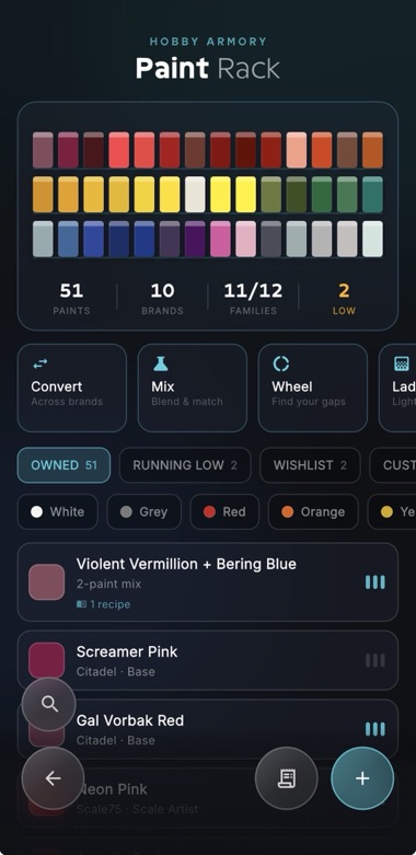 HobbyArmory paint rack showing owned paints, brand and family counts, and the colour tool rail