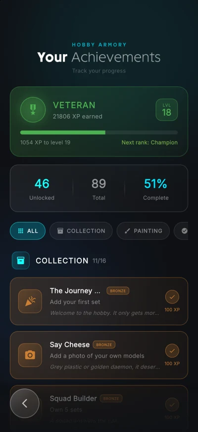 Achievements screen with rank, XP and unlocked achievements