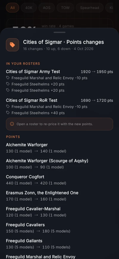 Cities of Sigmar points changes showing how two of your lists are re-priced