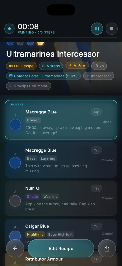 Painting mode with a running timer and the next recipe step highlighted
