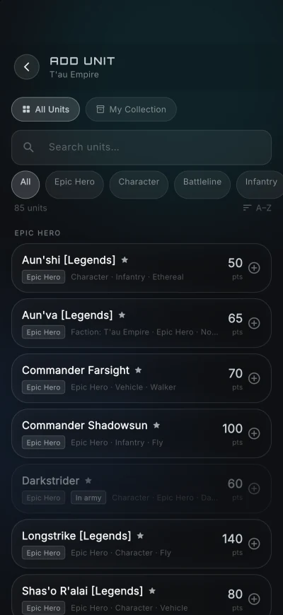 Add Unit list for T'au Empire with points and a My Collection filter