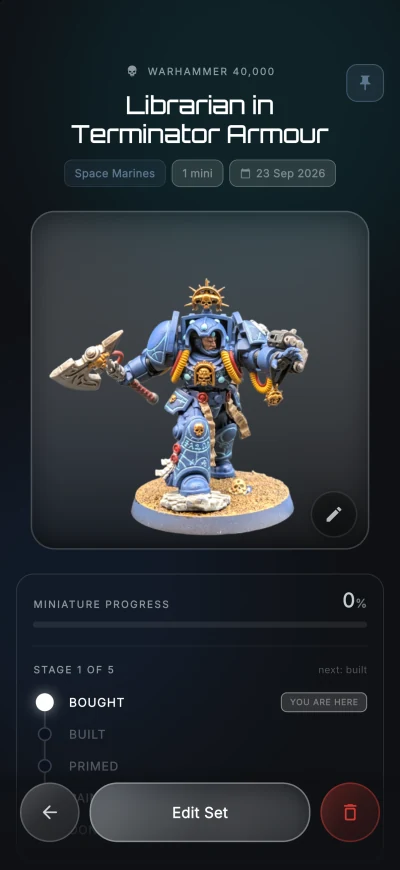 Set page for a painted Librarian in Terminator Armour with its photo and progress