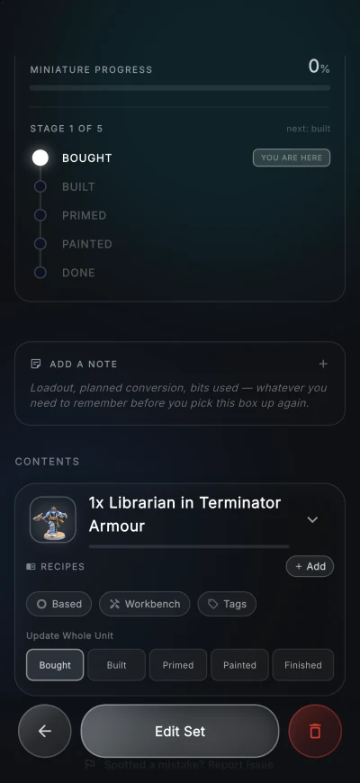 Contents of a set with per unit steps, recipes, based, workbench and tags